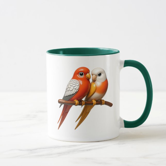Caneca Couple d’oiseaux tendres perchés côte à côte. (Direita)