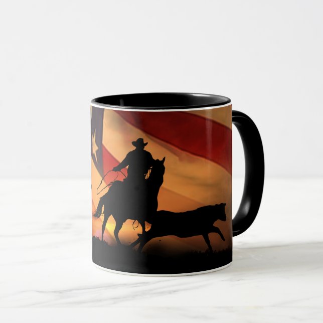 Caneca Cowboy Roping com bandeira americana (Frente Esquerda)