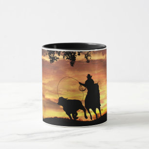 Caneca Cowboy Roping Steer no Sunset