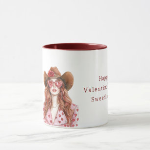 Caneca Cowgirl Cabelo Vermelho Corações Rosa Dia dos Namo