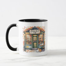 Cozy Autumn Book Café Mug — Open Book & Lantern 