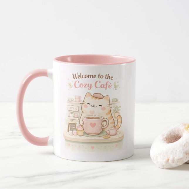 Caneca Cozy Cafe Kawaii Cute Kitty Cat Coffee Sweet Pink  (Com Donut)