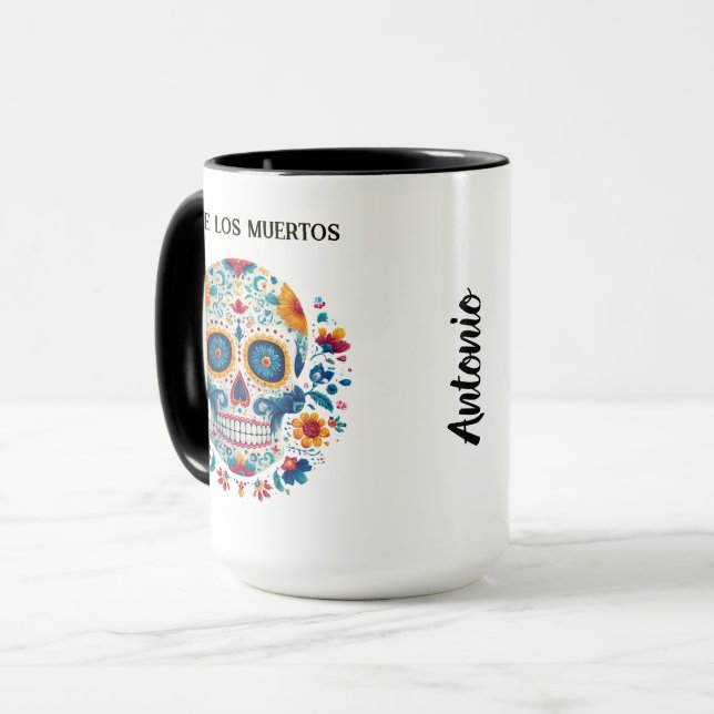 Caneca Crânio Colorido do Dia de los Muertos (Frente Esquerda)