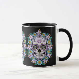 Caneca Crânio de Açúcar Roxo com Flores