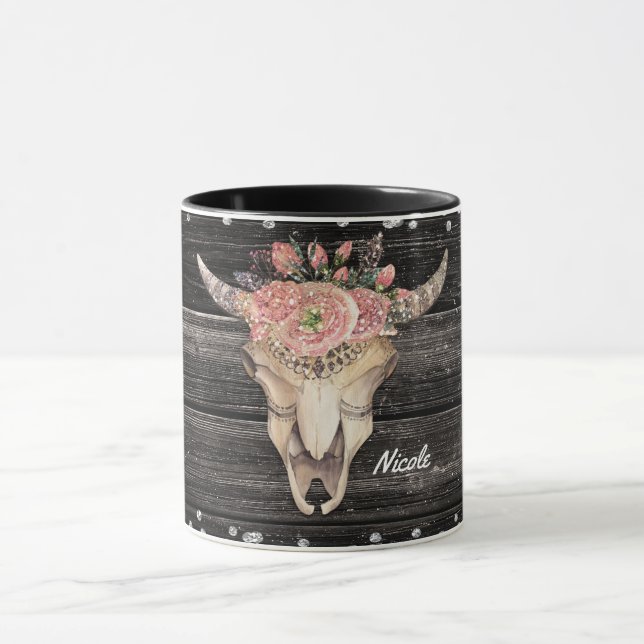 Caneca Crânio de Vaca Rústico Brilho Glam Personalizado B (Centro)