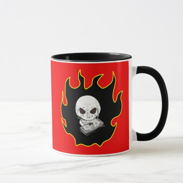 Caneca Crânio Fogo Dinheiro Morte Vermelho Negro Amarelo  (Direita)