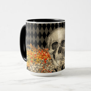 Caneca Crânio Gótico e Flores de outono Fade