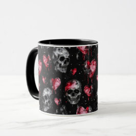 Caneca Crânios de amor gótico e corações vermelhos