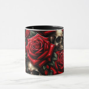 Caneca Cránios Dourados & Rosas Vermelhas Brilho Glamour