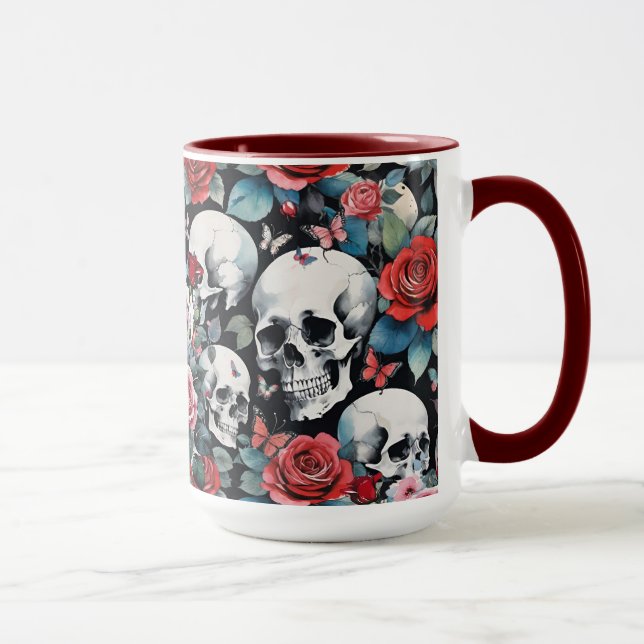 Caneca Crânios e Rosas com borboletas em preto (Direita)