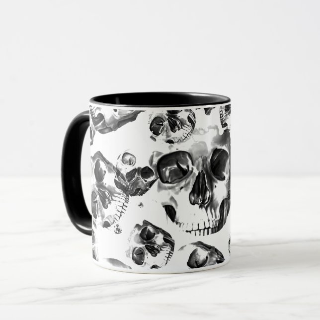 Caneca Crânios Preto e Branco Arte de Caveira Padrão de E (Frente Esquerda)