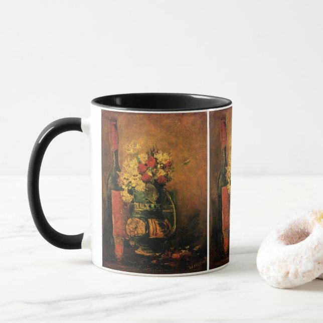 Caneca Cravos, Rosas e uma garrafa de Vincent van Gogh (Com Donut)