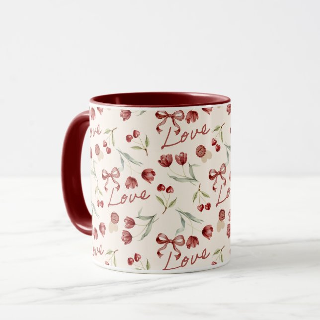 Caneca Cream Red Cherry Hearts Valentine's Day Love Bows (Frente Esquerda)