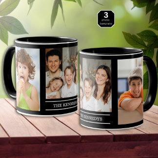 Caneca Create Your Own Family Name 3 Photo Collage Black