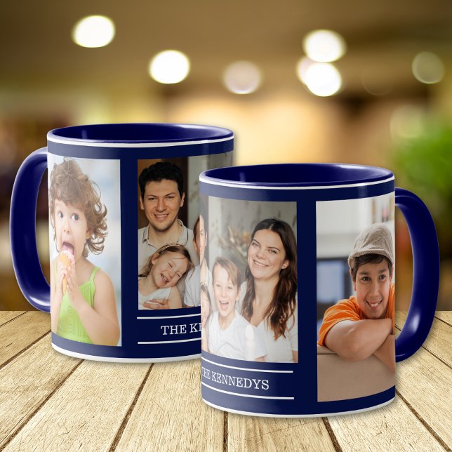 Caneca Create Your Own Family Name 3 Photo Collage Blue (Criador carregado)