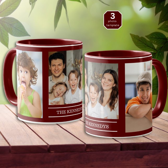 Caneca Create Your Own Family Name 3 Photo Collage Maroon (Criador carregado)