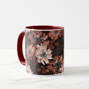 Caneca Creme, flores teracotas em um fundo marrom escuro