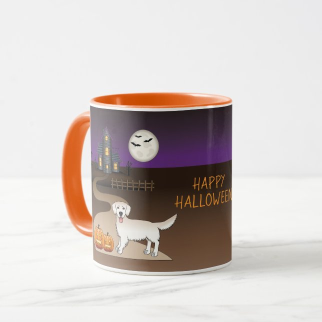 Caneca Creme Ouro Retriever E Casa De Halloween (Frente Esquerda)