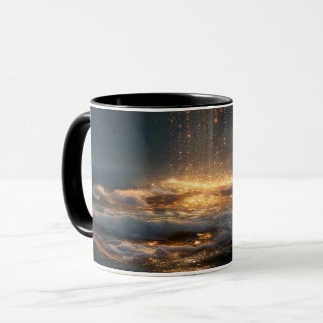 Caneca Crescente Dourado Surrealista Acima do Oceano (Frente Esquerda)