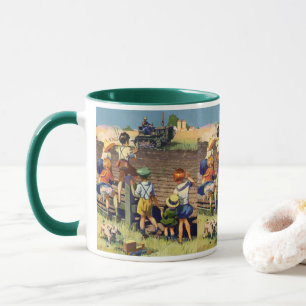 Caneca Crianças Antigas Acenando para Fazendeiro Local em