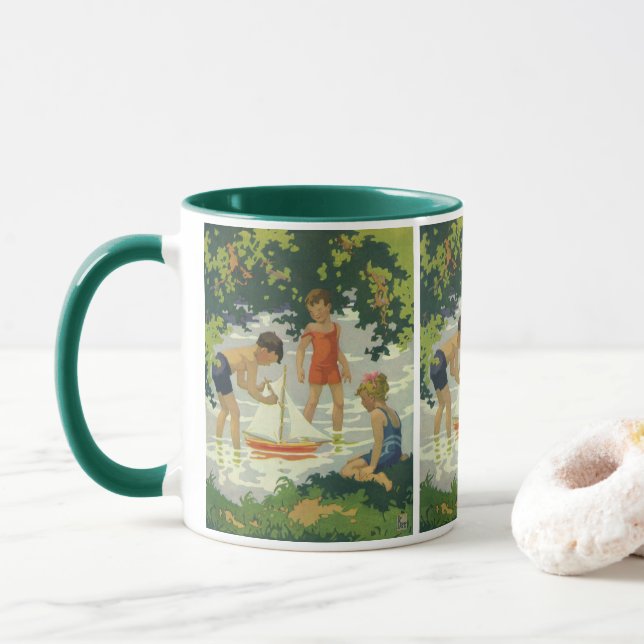 Caneca Crianças Antigas Brincando com Barcos à Vela de Br (Com Donut)