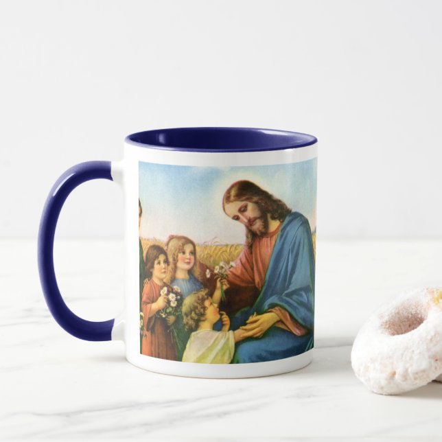 Caneca Crianças Antigas Traziam Flores para Jesus Cristo (Com Donut)