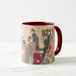 Caneca Crianças que jogam na neve sob árvores de ameixa