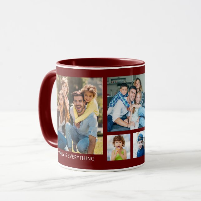 Caneca Crie sua família de 5 fotos Collage Burgundy (Frente Esquerda)