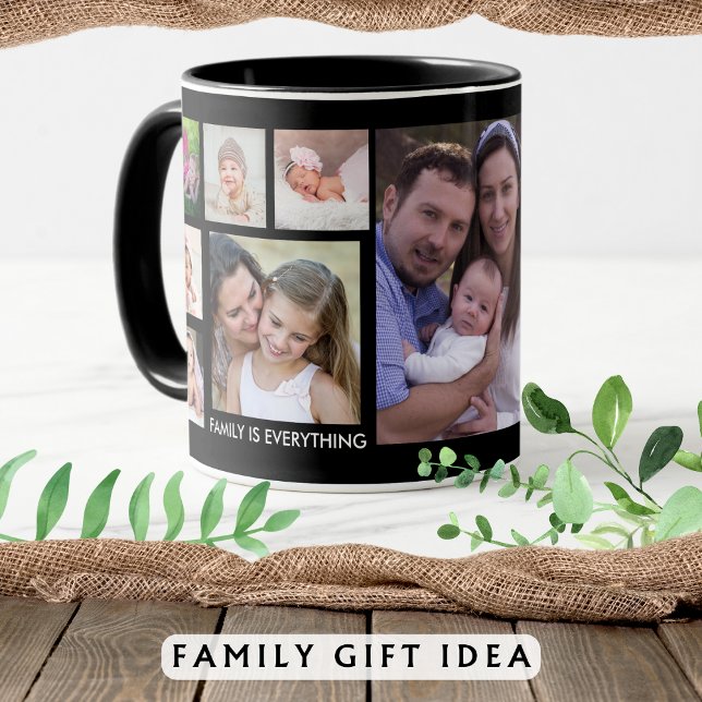 Caneca Crie Sua Própria Colagem de Fotografias Da Família (Create Your Own 13 Family Photo Collage Black Mug)
