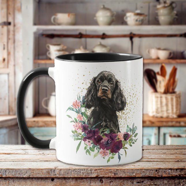 Caneca Crimson Floral Buquê Black Tan Cocker Spaniel (Criador carregado)