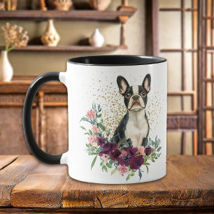 Caneca Crimson Floral Buquê Boston Terrier Dog