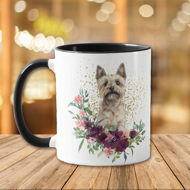 Caneca Crimson Floral Buquê Cairn Terrier Dog (Criador carregado)