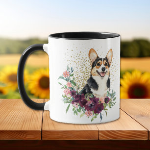 Caneca Crimson Floral Buquê Cardigan Welsh Corgi