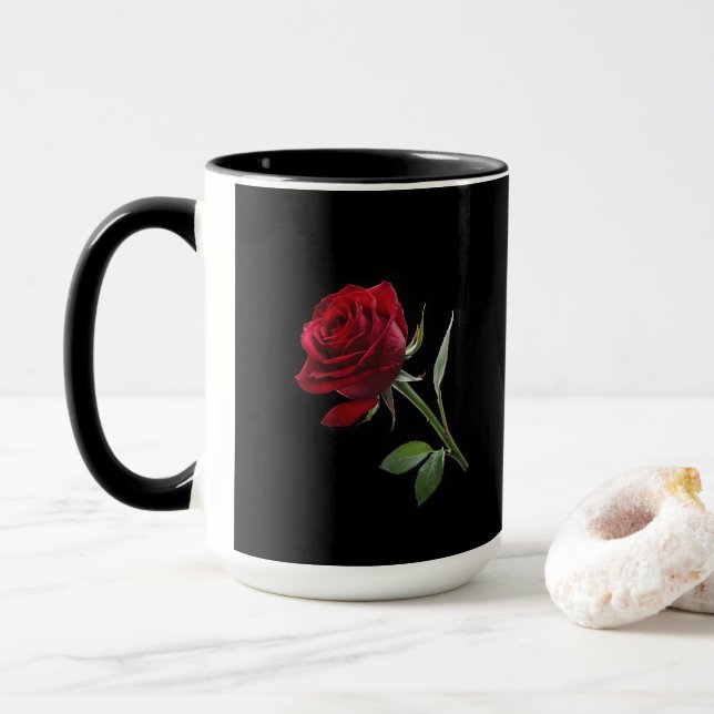 Caneca Crimson on Ebony: A Rosa vermelha Solteiro, (Com Donut)