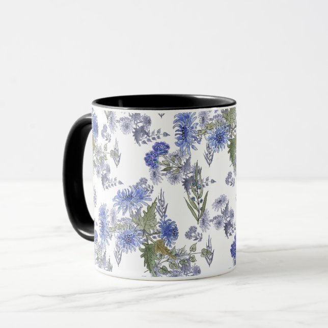 Caneca Crossântemas azuis, aquarela (Frente Esquerda)