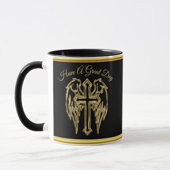 Caneca cruz católica preta e dourada com asas (Esquerda)