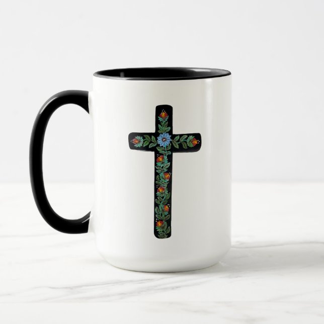Caneca Cruz Pintada com Flor Azul (Esquerda)