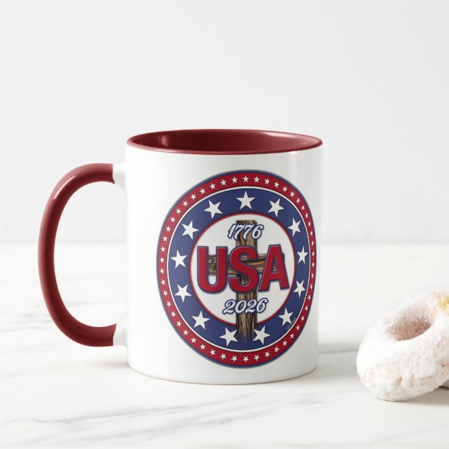 Caneca Cruz Rústica EUA 1776-2026 (Com Donut)