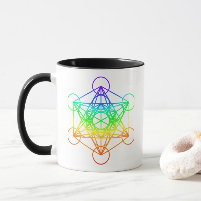 Caneca Cubo de Metatrão Geométrico Sagrado em cores do ar (Com Donut)