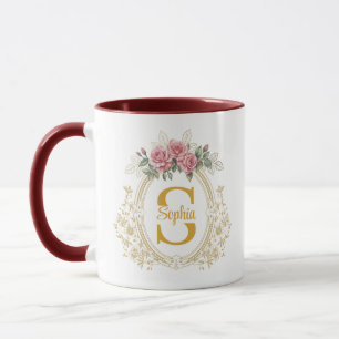 Caneca Cume de Casamento Floral Elegante, Moldura Dourada