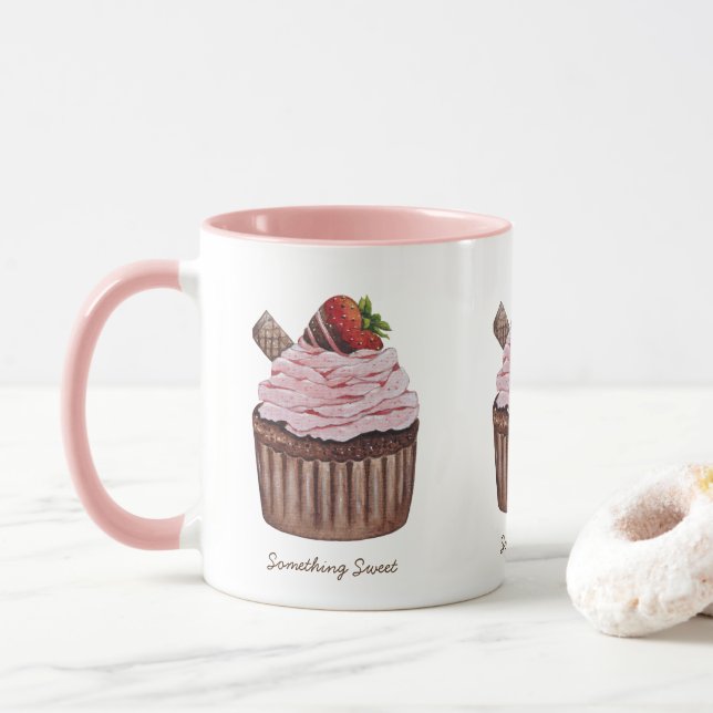 Caneca Cupcake De Morango Cujo Cama É Em Aquarela (Com Donut)