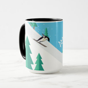 Caneca Curioso Pinguim desportivo na esquife na neve de i