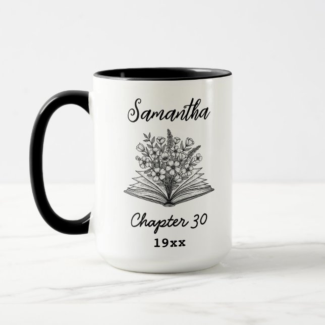 Caneca Custom 30th Birthday Name - Chapter 30 Floral Book (Esquerda)