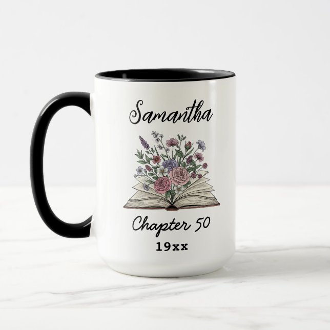 Caneca Custom 50th Birthday Name - Chapter 50 Floral Book (Esquerda)