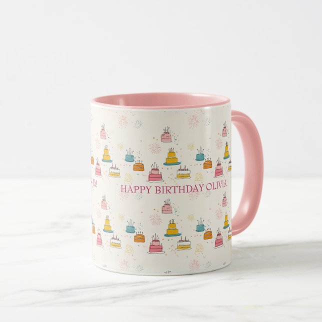 Caneca Custom Birthday Mug – Floating Cakes & Confetti (Frente Esquerda)