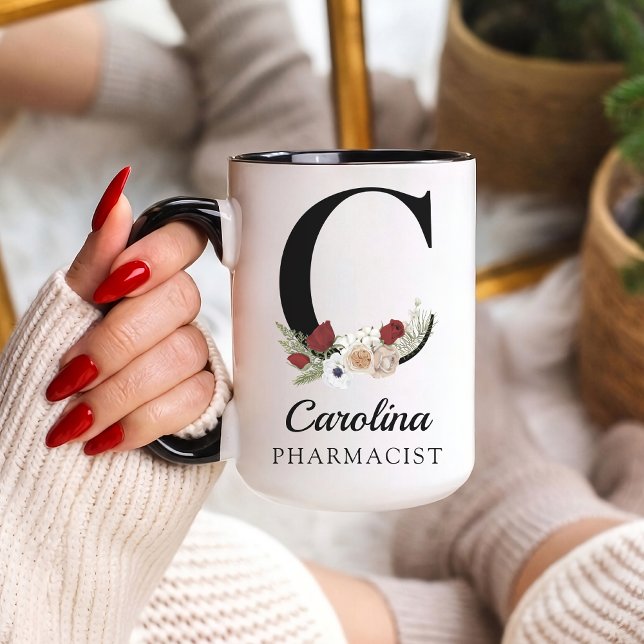 Caneca Custom Floral Monogram Mug Gift for RN Pharmacist  (Personalized Floral Alphabet Mug Gift for Mom, Teacher, Nurse, Doctor, Coworker, Boss or Bridesmaid)