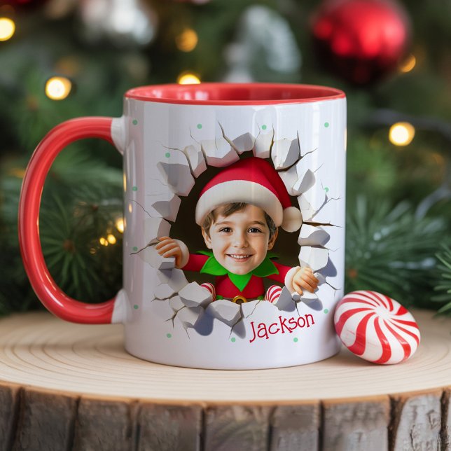 Caneca Custom Kids Face Photo Funny Christmas Elf Name (Fun Christmas photo mug cups for kids with funny personalized face head and name holiday gift)
