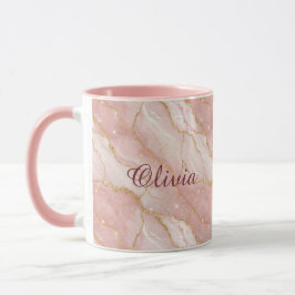 Caneca Custom Modern Rose Quartz Marble Gold Glitter