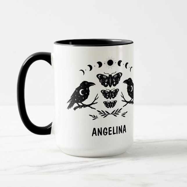 Caneca Custom Mystical Celestial Moth & Crows Goth Witchy (Esquerda)