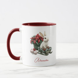 Caneca Custom Name Christmas Bunny Rabbit Red Poinsettia